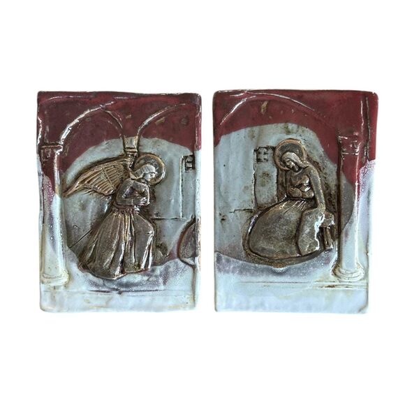 Pair of Vintage Clay Slab Glazed Angel Religious Wall Plaques - Signed - Picture 1 of 7